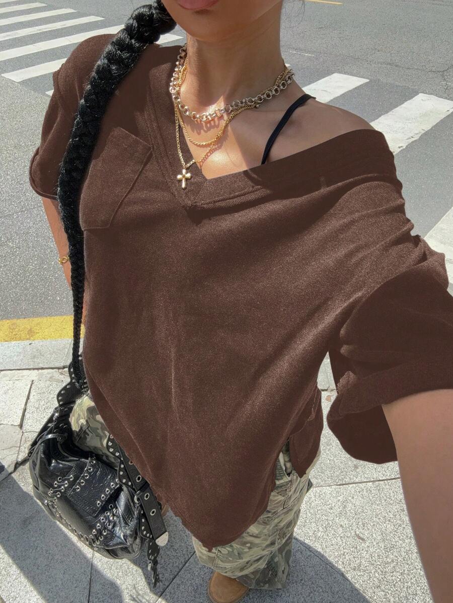 SHEIN EZwear 1 件女式纯色 V 领短袖口袋休闲 T 恤，棕色 - 棕色 - 查看 1