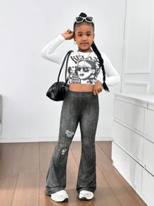 SHEIN Tween 女童针织牛仔效果仿旧印花休闲喇叭裤 - 黑色 - 查看 3
