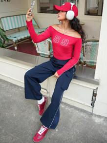 SHEIN Explorewe 2pcs/Set Teen Girl Off-Shoulder Long Sleeve Numeric Print Minimalist Blouse & Pants Set - Red - View 5