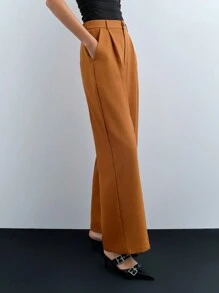 Maija Women's Spring Brown Fashionable Zipper Front Placket Hook Slanted Pocket Loose Straight Leg Suit Pants - Brown - View 5