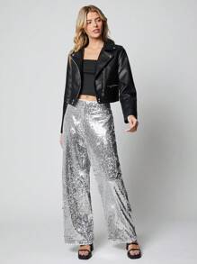 SHEIN EZwear Silberne Paillettenbesatz Weite Hose für den Winter - Silber - Übersicht 2