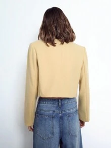 Maija Chaqueta con diseño cruzado doble de color amarillo claro para mujer, prenda de vestir de otoño/invierno, moderna y cómoda, con hombros acolchados, longitud corta, manga larga, cuello redondo, sin cuello, casual de negocios