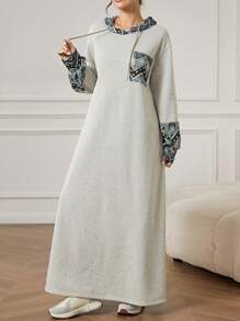 Mulvari Sudadera con capucha de manga larga de terciopelo patchwork para mujer