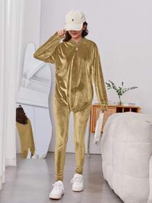 2pcs Set : Teens Girls Street Fashion Casual Party Velvet Top & Long Pants Outfit