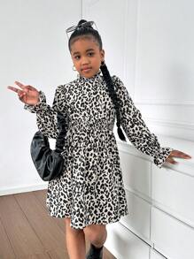 SHEIN Tween Girls Casual Woven V-Neck Long Sleeve Leopard & Ditsy Floral A-Line Dress, Suitable For Everyday Wear And Elegant Gatherings