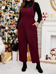 SHEIN LUNE Plus Size Solid Color Wide Strap Pocket Simple Jumpsuit, Casual Everyday Wear - Burgundy - View 4