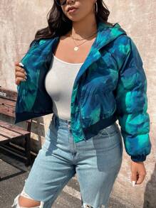 SHEIN VCAY 大码印花短款连帽棉质夹克