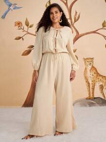 SHEIN VCAY Plus Size Women's Apricot Bowknot Front Lantern Sleeve Textured Jumpsuit, Casual Holiday Wear