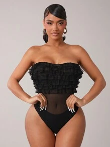 SHEIN SXY 性感分层蕾丝荷叶边紧身衣 - 黑色 - 查看 4