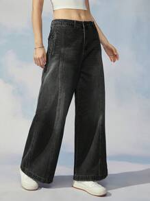 Manfinity Hypemode 1pc Men Loose Slanted Pockets Wide Leg Jeans - Black - View 8