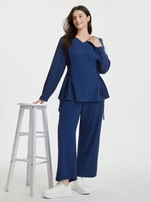 TaskEZ Bộ đồng phục phẫu thuật cỡ lớn cho nữ, áo dài tay cổ chữ V, thắt eo và quần ống đứng rộng rãi - Màu xanh hải quân - Xem 3