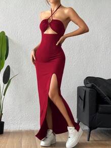 SHEIN PETITE Halter Neck Criss-Cross Backless Hollow Out Slit Dress, Sexy Burgundy Maxi Women Outfit