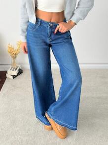 RueChic Casual Fashion Washed Mid-Waist Wide Leg Jeans