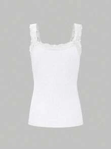 SHEIN LUNE Women's Lace Splicing Ribbed Tank Top