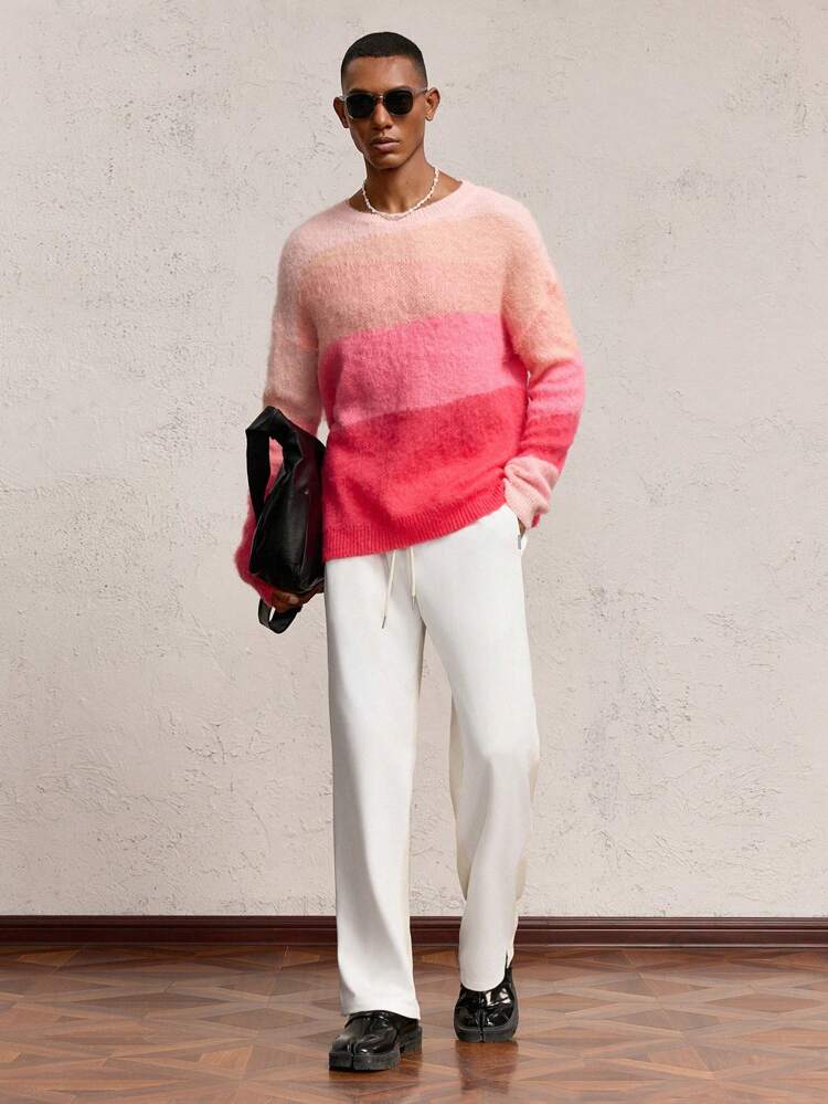 Men's Apricot & White Color Block Patchwork Elastic Waist Drawstring Straight Leg Casual Pants, Suitable For Daily Wear With Letter Metal Accessories, Long Baggy White Slacks Pants, For Work, Husband, Boyfriend Gifts