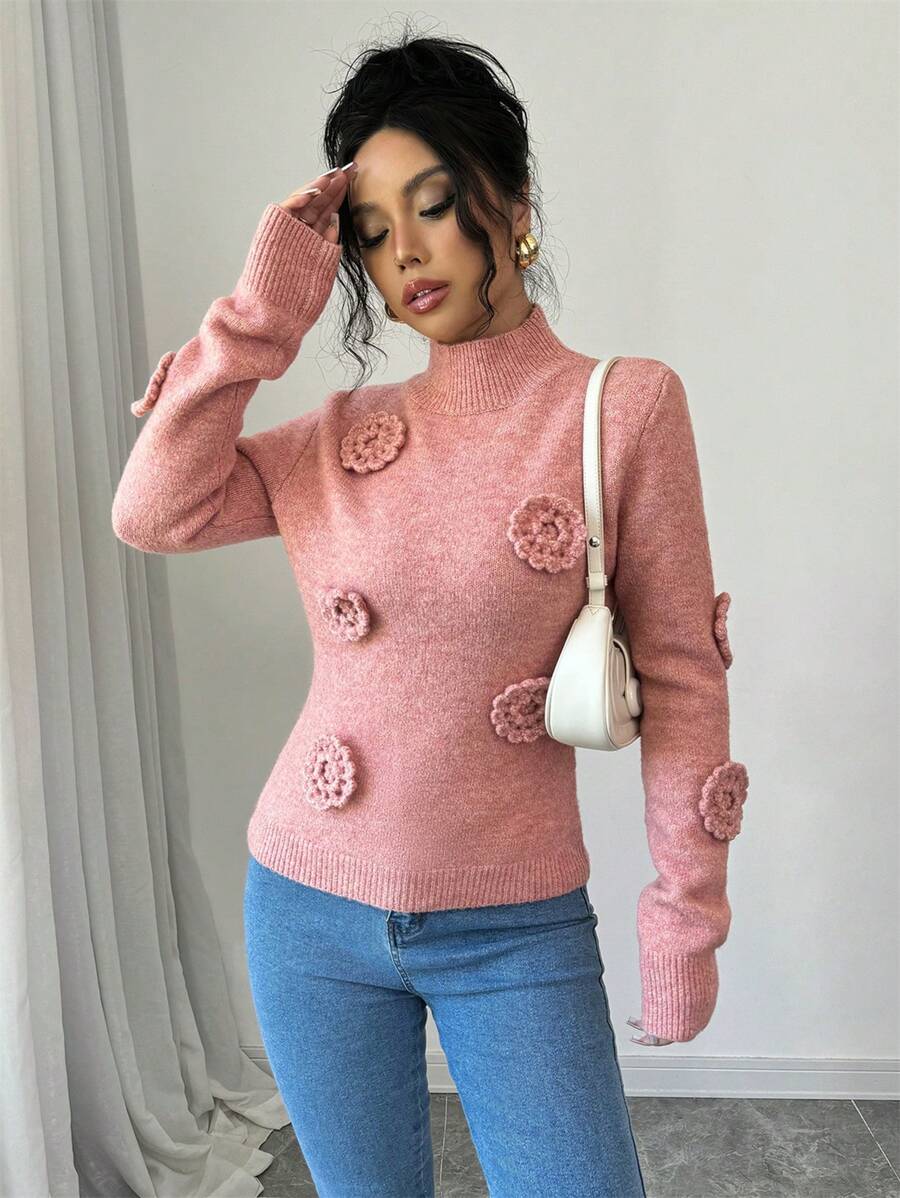 Chiquease pull tricoté à col montant avec ornements floraux pour femmes, automne-hiver - Rose bonbon - Voir 1