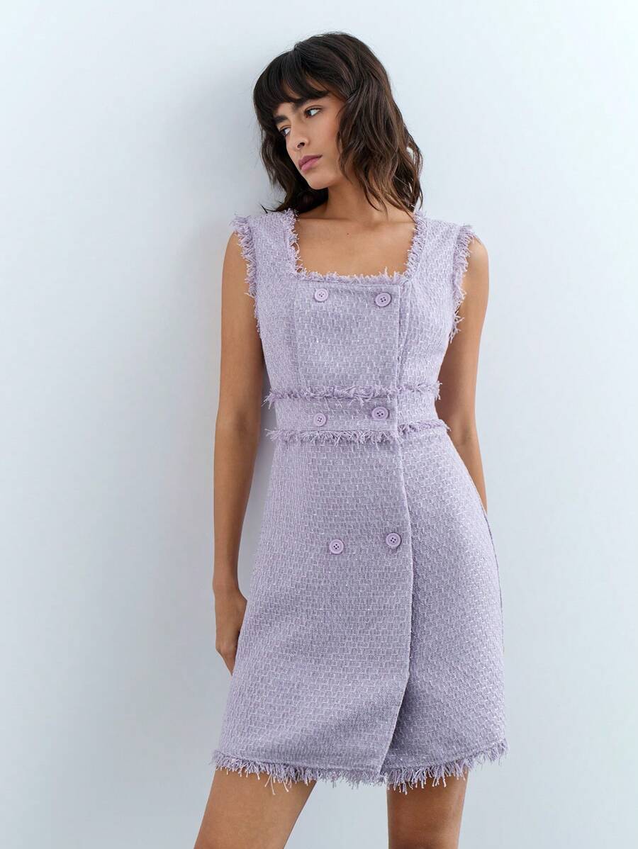 Maija Women's Autumn/Winter Square Collar Fringed Sequin Tweed Elegant Sleeveless Mini Dress