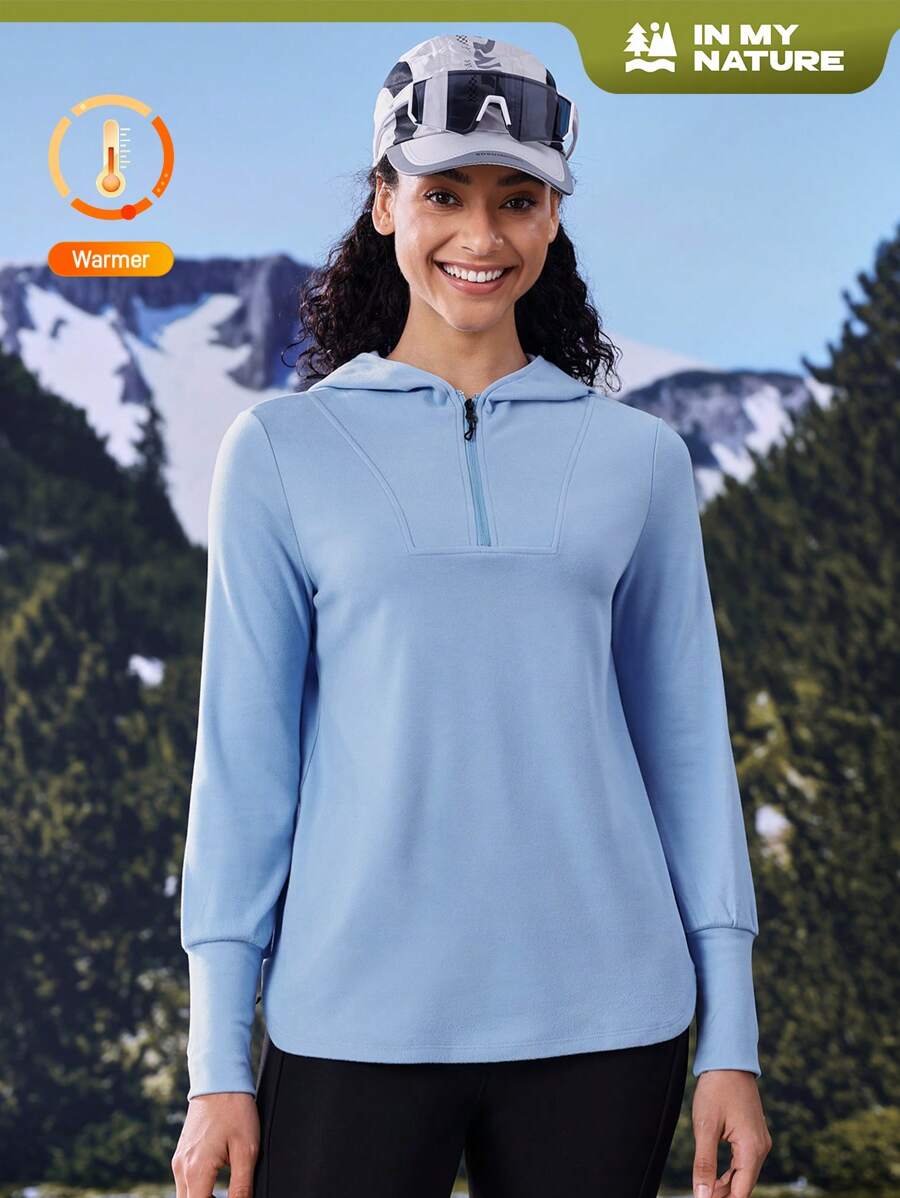In My Nature Áo nỉ trùm đầu thể thao ngoài trời màu trơn có khóa kéo cho nữ mùa đông - Màu xanh lam - Xem 1