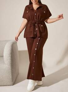 RueChic 2 Pcs Button Detail Sweater Pant+ Belted Sweater - Brown - View 4