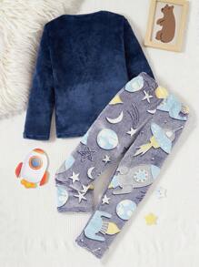 2pcs/Set Tween Boy Minimalist Flannel Long Pants And Long Sleeve Casual Comfortable Sleepwear - Multicolor - View 2