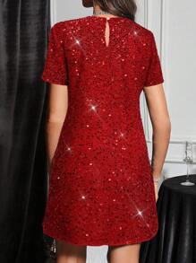 SHEIN Clasi Đầm dự tiệc mini cổ tròn tay ngắn màu trơn đính sequin cho nữ - Đỏ - Xem 2