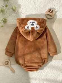 SHEIN 男婴秋冬季卡通3D小猴子图案连帽毛绒长袖连体衣 - 棕色 - 查看 2