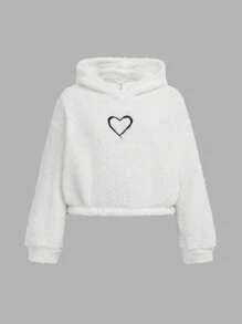 2pcs/Set Tween Girls Loose Casual Comfy Hoodie Sweatshirt With Heart Graphic Embroidery & Flared Pants