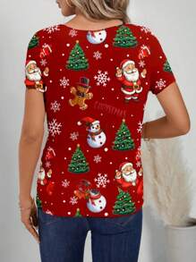 SHEIN Essnce Áo thun nữ cổ chữ V tay ngắn rộng rãi in hình cây thông Noel - Đỏ - Xem 2