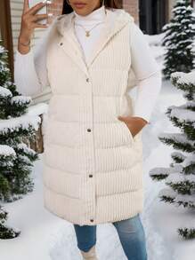 SHEIN LUNE Plus Size Women's Long Hooded Sleeveless Coat,Extra Thick Warm White Autumn Casual Hiking Padded Jackets,Full Zip Parkas With Pockets Winter Coats - Apricot - View 3