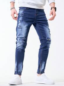 Manfinity Homme Men's Pocket Distressed Minimalist Casual Super Skinny Jeans, Frayed Plain Dark Blue Slim Fit Long Ripped Jeans, For Husband, Boyfriend Gifts - Dark Wash - View 6