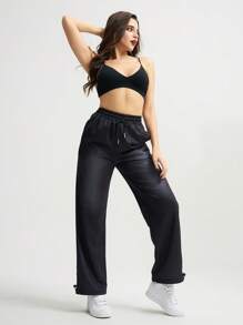 SHEIN Sports Quần thể thao cạp chun rút màu trơn cho nữ có túi ở eo và bo gấu ở mắt cá chân - màu đen - Xem 4