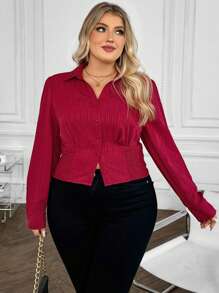SHEIN VCAY Camisa casual de manga larga con botones, espalda fruncida, cintura ceñida y estilo vacacional western, en color caqui marrón para talla grande, ideal para ocasiones como Acción de Gracias - Caqui - Ver 6