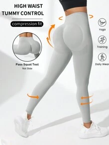 Gameset SHEIN Sport 女式纯色高腰无缝弹力运动紧身裤瑜伽裤 - 淺灰色 - 查看 8