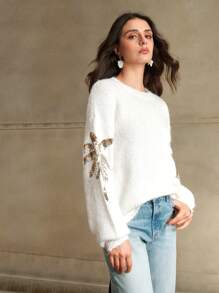 Anewsta Suéter de cuello redondo para mujer con decoración de lentejuelas y bordados, de alta gama, para otoño/invierno