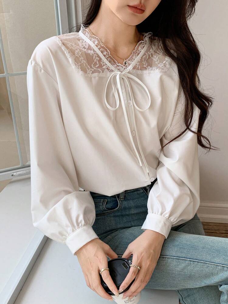 Contrast Lace Loose Long Sleeve Solid Color Tie Front Women Shirt,Fall Clothes
