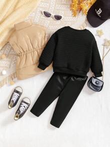 SHEIN 3pcs Baby Girl Plaid Sweatshirt, Fleece Vest And Faux Leather Pants Set, Fashionable And Cute For Autumn/Winter - Black - View 2