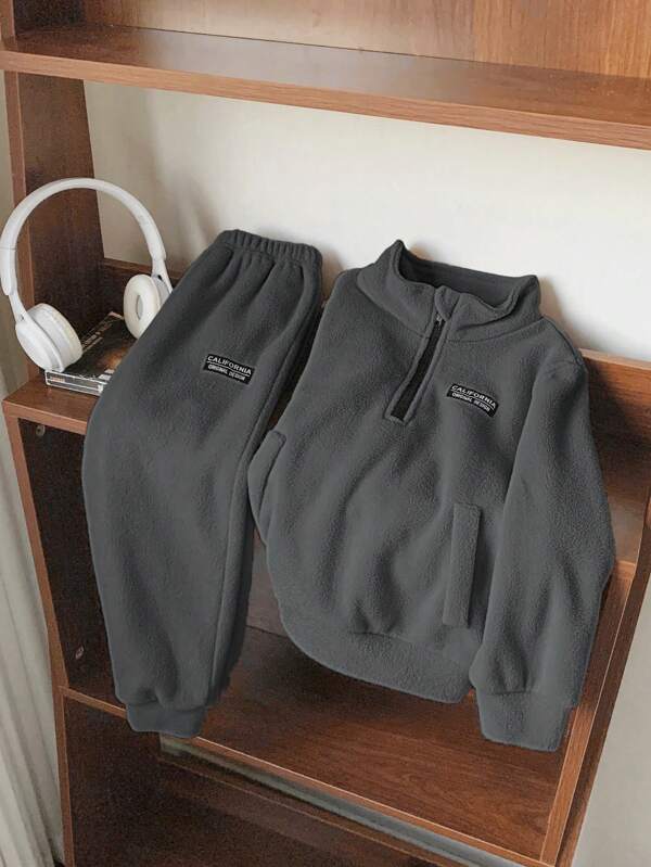 SHEIN 2pcs Young Boys Casual Minimalist Warm Wind-Resistant Outfit, Thermal Lined, Suitable For Autumn/Winter
