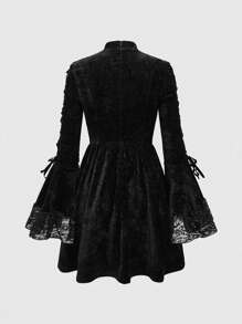 ROMWE Goth Dark Lace Flare Sleeve Short Dress For Women, For New Year - Black - View 2