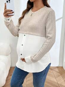 SHEIN توب حمل بتصميم أزرار ألوان متباينة وأكمام طويلة بياقة طاقم - لون مشمشي - مشاهدة 1