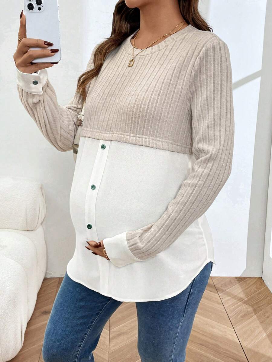 SHEIN توب حمل بتصميم أزرار ألوان متباينة وأكمام طويلة بياقة طاقم - لون مشمشي - مشاهدة 1