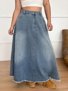 SHEIN EZwear 大码休闲宽松长款 A 字形牛仔迷你裙，蓝色 - 藍色 - 查看 3