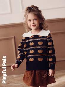 SHEIN 1 Pc Young Girl Sweater Ruffle Collar Splicing Fun Fruit Jacquard Cute/Vintage/Casual/Home/Outdoor Winter/Fall - Multicolor - View 1