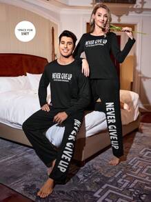 CoupledUp Letter Print Casual Pullover Short Sleeve Pants Men's Pajama Set - Black - View 5