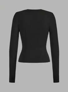 SHEIN EZwear Bộ 2 áo thun dài tay dáng ôm vừa vặn cho nữ, thích hợp cho mùa thu đông - Nhiều màu - Xem 4