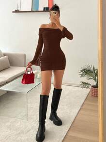 SHEIN EZwear Vestido corto con hombros descubiertos y mangas acampanadas para mujer - Marrón - Ver 5