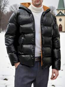 Manfinity VCAY 男士修身休闲连帽保暖内衬加厚棉衣，适合秋冬季外出黑色绗缝冬衣，适合朋友、丈夫、男朋友的礼物 - 黑色 - 查看 1