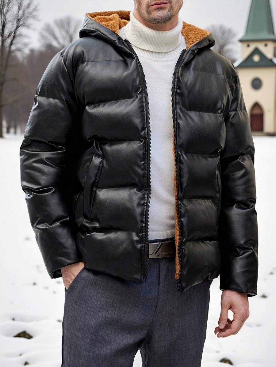 Manfinity VCAY 男士修身休闲连帽保暖内衬加厚棉衣，适合秋冬季外出黑色绗缝冬衣，适合朋友、丈夫、男朋友的礼物 - 黑色 - 查看 1