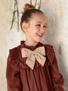 SHEIN LMoss Kids LMoss Young Girls Colorblock Bow Decor Long Sleeve Loose Ruffle Hem Dress - Brown - View 4