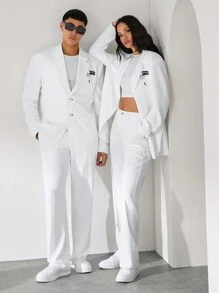 Manfinity INSISELF 2 Pieces Set Unisex Loose-Fit Padded Shoulder Blazer Jacket And Straight Leg Suit Pants, Suit Set - White - View 6