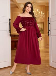 Modelyn 大码露肩提花针织连衣裙，优雅，适合圣诞节勃艮第红长款女士装长款晚礼服 - 酒紅色 - 查看 5